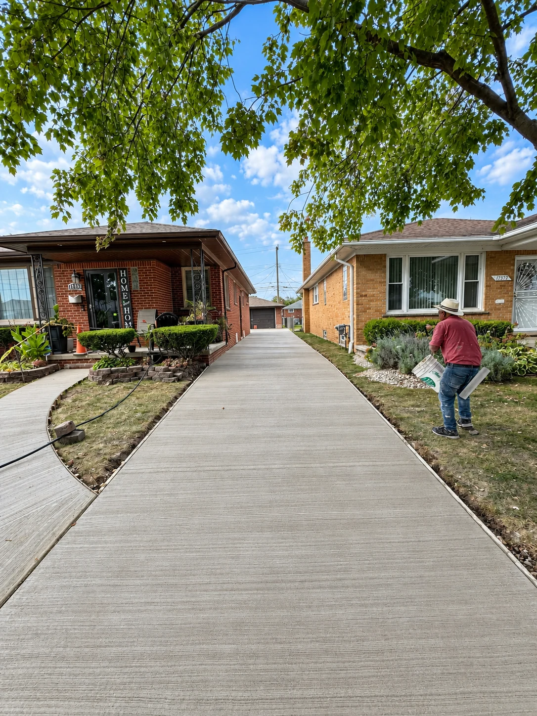 A completed broom-finished concrete driveway between brick homes, with crisp control joints