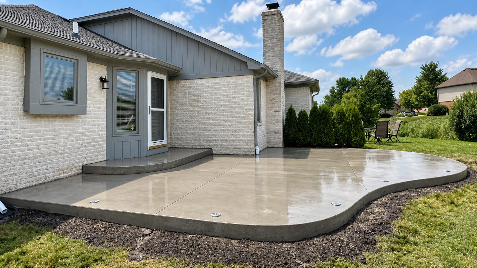 Cabrera’s curved concrete patio and steps beside a white brick home